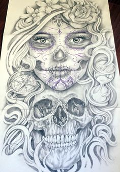 a pencil drawing of a woman's face with two skulls and roses on it