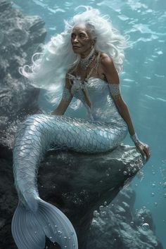 a woman with white hair sitting on top of a rock in the ocean next to a fish