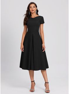 [US$ 119] A-line V-Neck Knee-Length Stretch Crepe Cocktail Dress  - JJ's House Knew Length Dresses, Simple V Neck Dress, Short Dresses Formal Elegant With Sleeves, A Line Cocktail Dress Classy, Black Dresses Knee Length, Black Tea Length Dress Classy, A Line Dress Knee Length, Below Knee Length Dresses, Work Dresses Plus Size