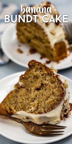 a slice of banana bundt cake on a white plate with a fork next to it