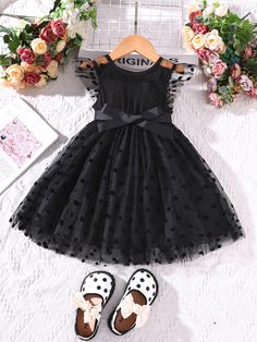 Black Cute Collar Cap Sleeve Fabric Plain A Line Embellished Medium Stretch Summer Young Girls Clothing Black Frock, Ruffle Trim Dress, Black Evening Dresses, Leather Dress, Ball Dresses