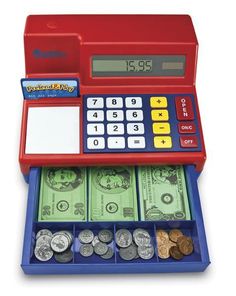 a toy cash register with money in it and a calculator on the top