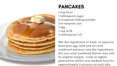 pancakes on a plate with butter and syrup for toppings in the recipe below it