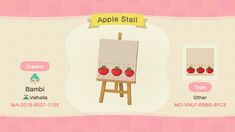 an animal crossing game screen showing the apple still on easel, and other items