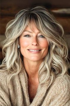 50 Women Hairstyles Over 50, Long Blonde Hair Over 50, Long Hair Styles For 50+ Women With Bangs, Hairstyles For Round Faces Over 50, Long Bangs With Layers, Medium Length Layers With Bangs, Blonde Hair With Face Framing Highlights, Bangs Over 50 Medium Hair, Hair Color Ideas For Women Over 50