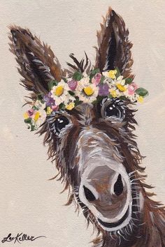 a painting of a donkey wearing a flower crown