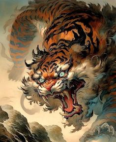 a painting of a tiger with its mouth open