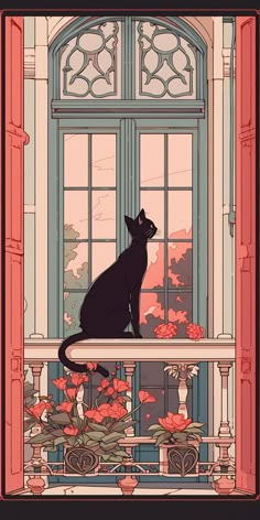 a black cat sitting on top of a window sill