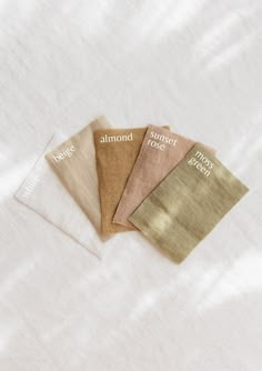 three different shades of linen on top of each other with the words apricot, almond, sweet peach and lemon