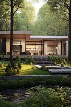 an artist's rendering of a modern house in the woods