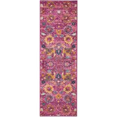 a pink runner rug with an ornate design on the front and back end, in various colors