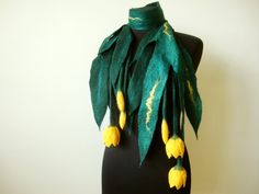 Dark green felted flower scarf necklace with yellow tulips, anniversary gift, light floral scarf, felt leaf scarf. Made from fine Italian merino wool, valuable fibers for decoration.  Original felted woolen scarf-best gift for women. Eco friendly scarf. This emerald scarf with yellow tulips looks great. By wearing it, you will get a lot of attention and compliments. If you would like to have other color or dimensions, please send me a message, I will gladly create a new item. Please pay attentio Felt Flower Scarf, Felt Leaf, Wool Necklace, Felt Flower Bouquet, Leaf Scarf, Felt Necklace, Nuno Felt Scarf, Felt Leaves, Art Scarves