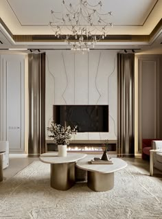 an elegant living room with chandelier, sofa and coffee table in the center