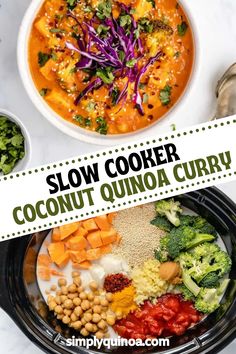 slow cooker coconut quinoa curry recipe in a bowl with broccoli and carrots