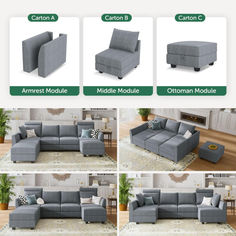 Bluish grey U-shaped modular sectional sofa with storage seats, perfect for bedroom furniture upgrade and added functionality. Grey Sofa Set, Living Room Furniture Styles, Modular Couch, Storage Chaise, U Shaped Sofa