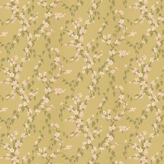 a yellow wallpaper with pink flowers and green leaves