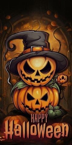 a pumpkin with a witch hat on it's head and the words happy halloween