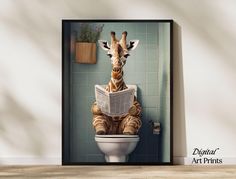 a giraffe sitting on top of a toilet reading a newspaper