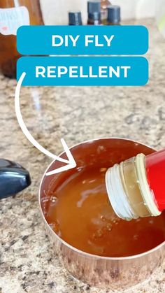 a person is dipping something into a sauce in a pot with the words diy fly repellent above it