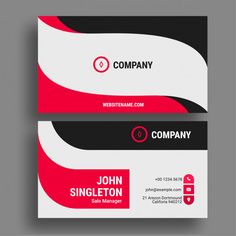 a black and red business card with white accents