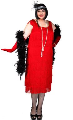 Plus Size Long Deluxe Roaring Red Women's Flapper Dress Costume - Front View Great Gatsby Dress Up, Gatsby Outfits, Plus Size Flapper Costume, Red Flapper Dress, Plus Size Flapper Dress, 1920s Fancy Dress, 1920s Flapper Costume, 20s Costume