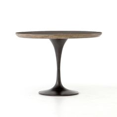 an oval table with a wooden top and black metal base, against a white background