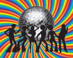 people dancing around a disco ball in front of a colorful background with swirly circles