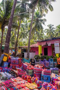 many bags are stacked on the ground in front of palm trees