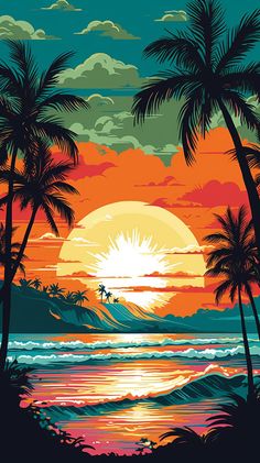 a painting of palm trees and the ocean at sunset