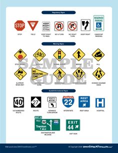 an image of various road signs on the side of a white sheet with blue border