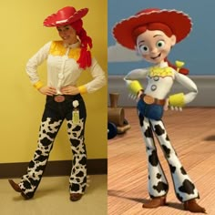 there are two pictures of the same woman in toy story outfits, one is wearing a cowgirl outfit and the other has a cowboy hat