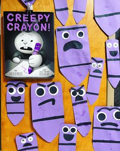 purple paper cut out to look like creepy crayons