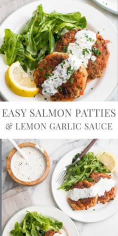 salmon patties and lemon garlic sauce are served on white plates with green salad leaves