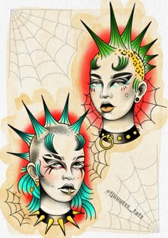 two women with green hair and piercings on their heads are depicted in this drawing