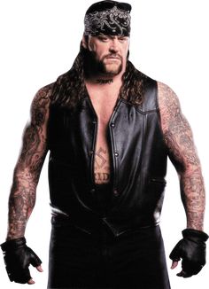 a man with long hair wearing a leather vest and bandana, standing in front of a white background