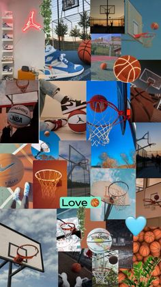 a collage of basketball photos with the word love on them and various sports related items