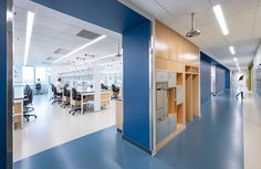 an office with blue and white walls, open cabinets and people working at desks