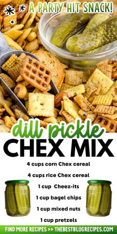 an advertisement for a party with crackers and pickles on the side, along with text that reads all rackle chex mix