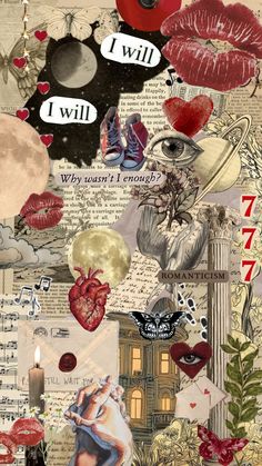 a collage with many different pictures and words on it's side, including an eye