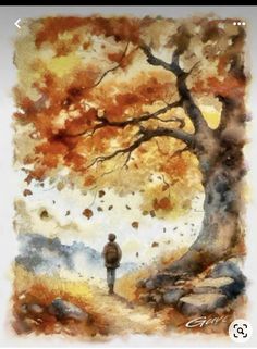 a watercolor painting of a man standing under a tree in the fall with leaves on it