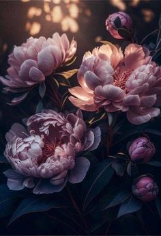 pink peonies with green leaves on a dark background by the light of sunlight