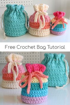 crochet drawstring bags are shown in different colors