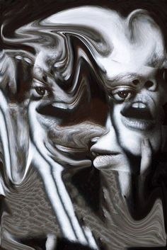 an abstract painting of two people with their faces covered in white and black hair, looking at each other