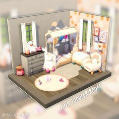 a pink toddler room is shown in this animated image, with furniture and decor