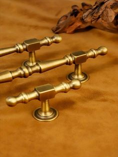 two brass colored handles and knobs on a brown cloth with a dried plant in the background