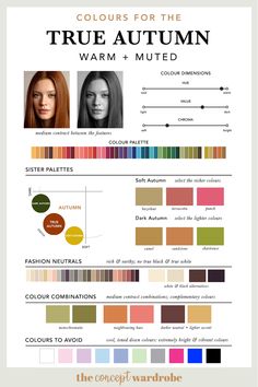 Color Analysis Chart Autumn, The Concept Wardrobe Autumn, True Autumn Worst Colors, Autumn Color Capsule Wardrobe, Medium Autumn Color Palette, House Of Colour Autumn Hair, Autumn Color Analysis Outfits, True Autumn Capsule Wardrobe, Autumn Color Palette Analysis