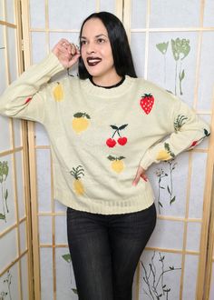 The Orchard is this quirky sweater with fruits throughout. This sweater is a classic and timeless piece with a fun quirky twist. Wear it anywhere, and bring quirkiness and happiness to your wardrobe. -Model is wearing a size small. 5'6", 36B -100% acrylic -Measurements: *Small armpit to armpit: 23” Length: 23” *Medium armpit to armpit: 25” Length: 24” *Large armpit to armpit: 26” Length: 24” Quirky Clothing, Quirky Fashion, Whimsical Fashion, Fashion Group, Feminine Outfit, Work Fashion, Fashion Classy, Fashion Tops, Wear It