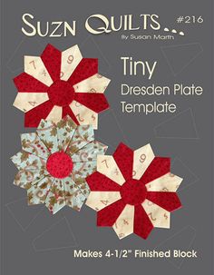 the sun quilts book is shown with three different designs on it, including two red and