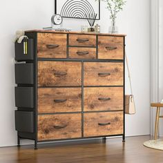 a wooden dresser with drawers in a room