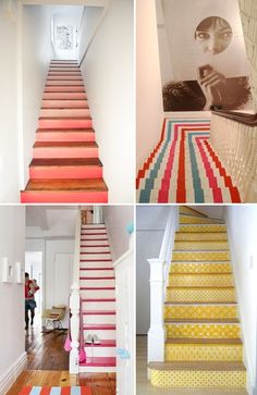 there are four different stairs in this house and one is painted bright yellow, the other red